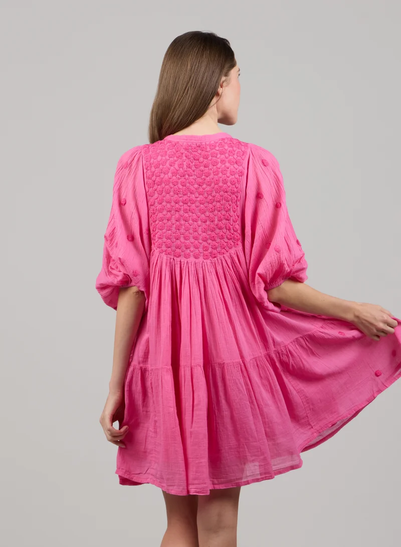 Just Nature hot pink Colours of Nature Baloon Sleeve Embroidered Mini Dress for Women | Best Price UAE